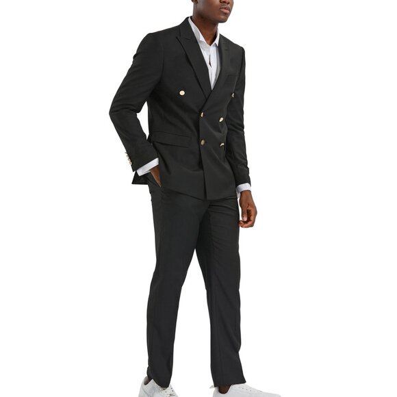 Black Double Breasted Peak Lapel Gold Buttons Skinny Fit Tazzio Men's Suit
